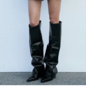 ZARA NEW WOMAN KNEE-HIGH LEATHER GAITER BOOTS BLACK 38 1013/210